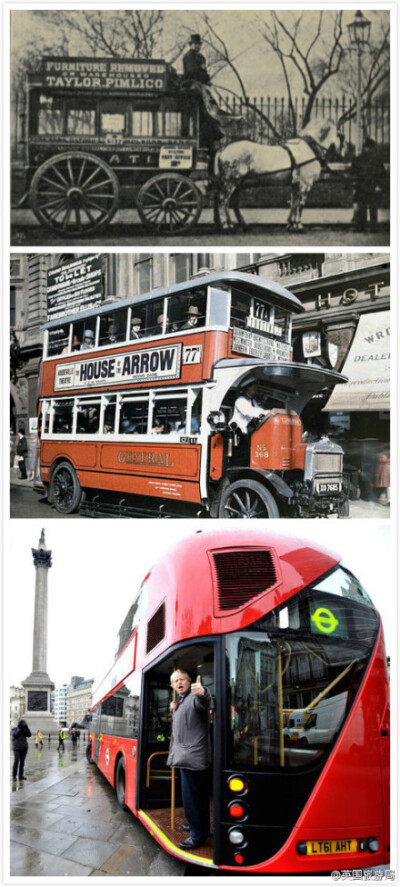 #英国万万没想到# 英国巴士从产生至今已有百余年的历史，已成为英国文化的一种标志。红色的外观和双层的设计让它与众不同，更是在2008年北京奥运会的闭幕式上出现。但是英国1892年诞生的第一辆巴士，竟然是辆马车，…