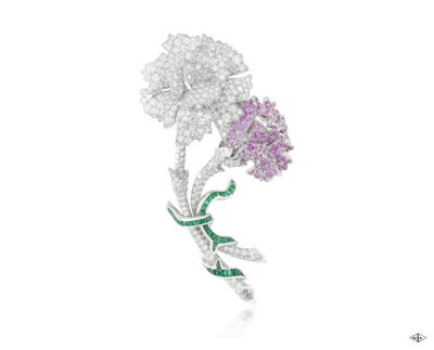 Les Ateliers Creations by Van Cleef &amp;amp; Arpels -Fleurs Précieuses clip, Palais de la chance collection-Platinum, diamonds, mauve and pink sapphires, emeralds.The Fleurs Précieuses clip from the …