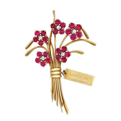 Gold, Ruby and Diamond Forget Me Not Clip-Brooch, Van Cleef &amp;amp; Arpels The bouquet of five forget-me-not florets centering 5 round diamonds, encircled by 25 round rubies approximately 4.00 cts.,…