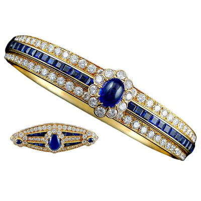 VAN CLEEF &amp;amp; ARPELS Diamond Sapphire Bangle &amp;amp; Pin. Diamond ,Sapphire, Gold. France circa 1980s