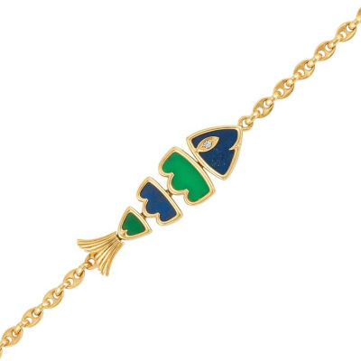 Gold, Lapis, Dyed Green Chalcedony and Diamond Fish Link Bracelet, Van Cleef Arpels