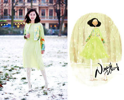 标注品牌：绣花夹克来自Erdem，项链来自独立品牌Shlomit Ofir，连衣裙和鞋均来自Topshop。这次的主题是「春的印记」，青绿色是初春的色彩，而立春也即将到来。