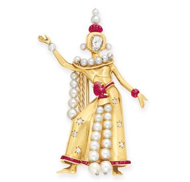 Van Cleef &amp;amp; Arpels c. 1945. Ruby, pearl, and diamond Thai Dancer brooch