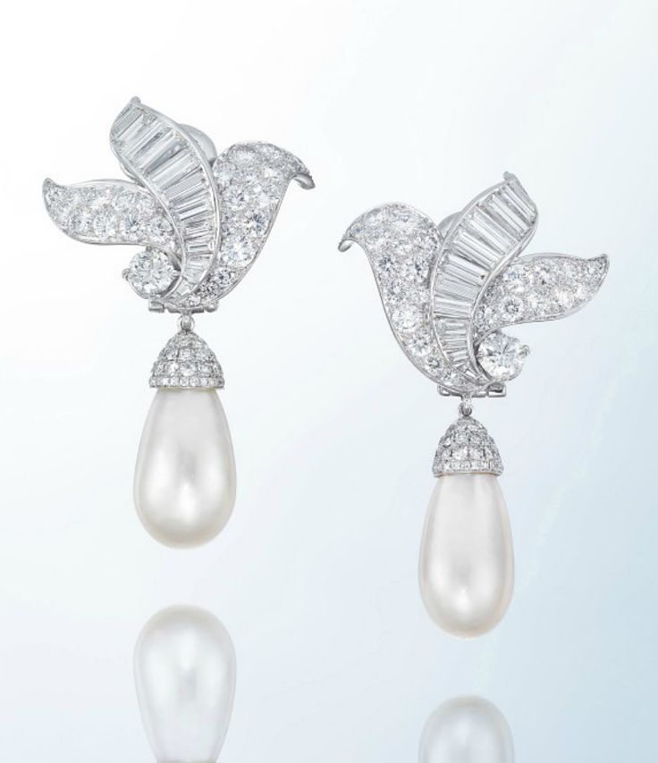 A PAIR OF NATURAL PEARL AND DIAMOND EAR PENDANTS, BY VAN CLEEF &amp;amp; ARPELS