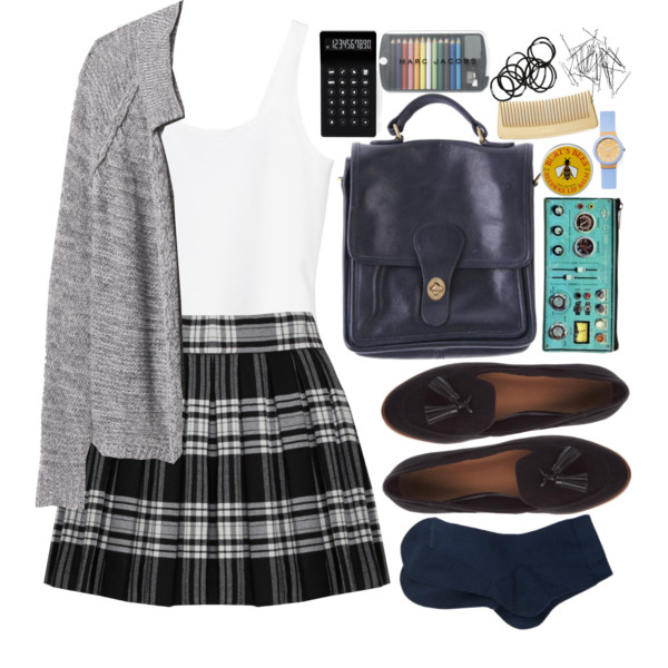 A fashion look from April 2014 featuring drape cardigan, summer shirts and plaid mini skirt. Browse and shop related looks.