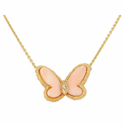 VAN CLEEF &amp;amp; ARPELS Coral Diamond Butterfly Necklace
