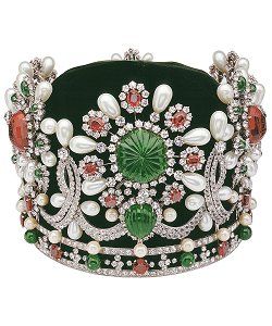 Farah Dibah tiara of the Iranian imperial family. Van Cleef and Arpels, 1967. Set with solitary rubies, emeralds, diamonds and pearls.