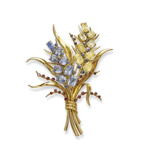 A SAPPHIRE, YELLOW SAPPHIRE AND RUBY 'BOUQUET' CLIP BROOCH, BY VAN CLEEF AND ARPELS c 1940