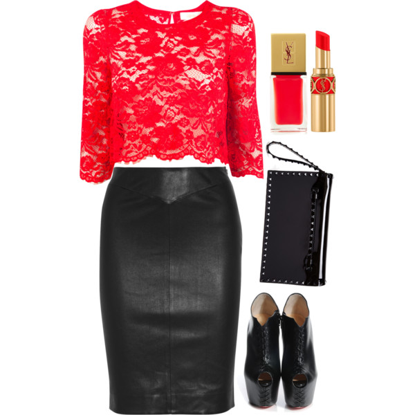 A fashion look from July 2014 featuring red shirt, pencil skirt and high heel boots. Browse and shop related looks.