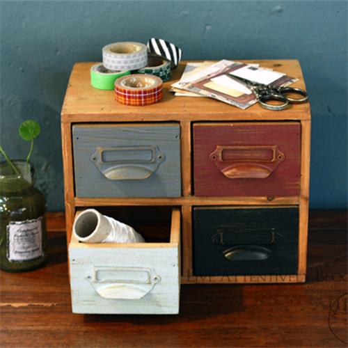 仿古做旧实木收纳柜储物柜盒 复古彩色抽屉式桌面木柜 杂货zakka