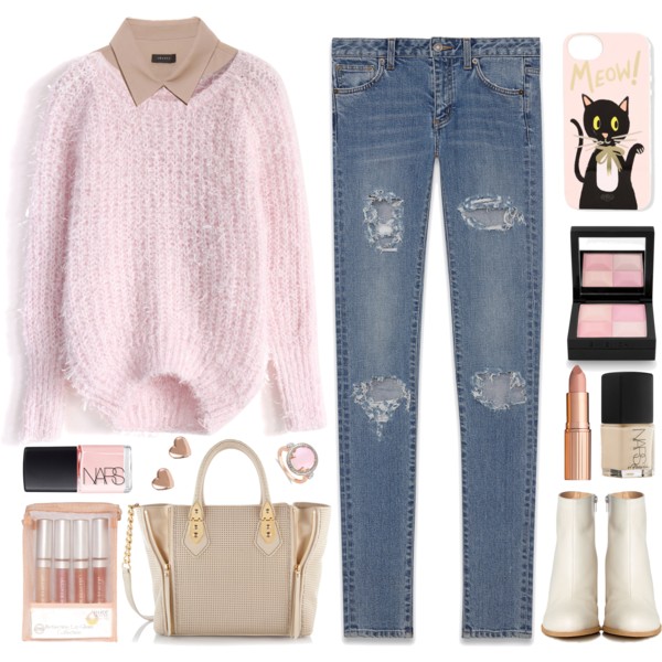 A fashion look from November 2014 featuring pink pullover sweater, sleeveless shirts and skinny jeans. Browse and shop related looks.