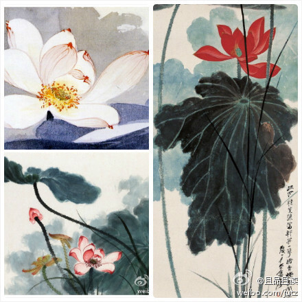 张大千说：&amp;quot;画荷需要正、草、篆、隶四种书法技巧，字写不好，荷也画不好&amp;quot;。他强调画荷花的干子要用篆书，叶子则是隶书，瓣子就是楷书，水草则用早书。画荷需用正、草、篆、隶四种书法技巧。