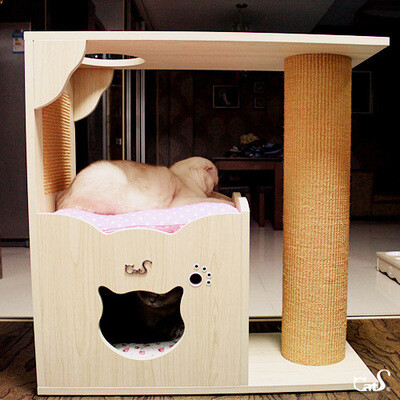 CatS-H3b两层木制猫爬架（猫屋/猫窝+跳台+猫抓柱）！CatS猫家具