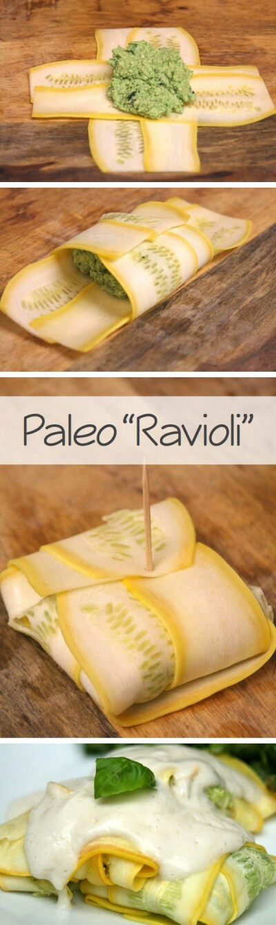 Paleo Ravioli ~ Yellow squash stuffed and topped with Melissa's Caulif-redo sauce!