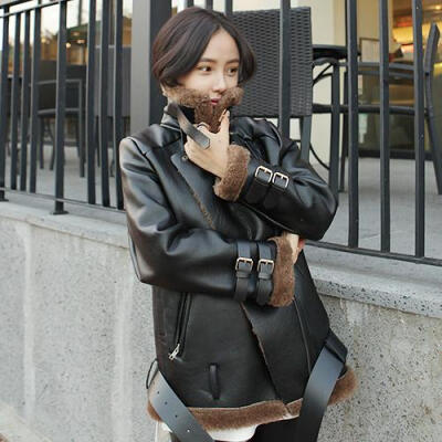 韩国冬季女装皮毛一体中长款机车外套复古羊羔毛女士皮衣