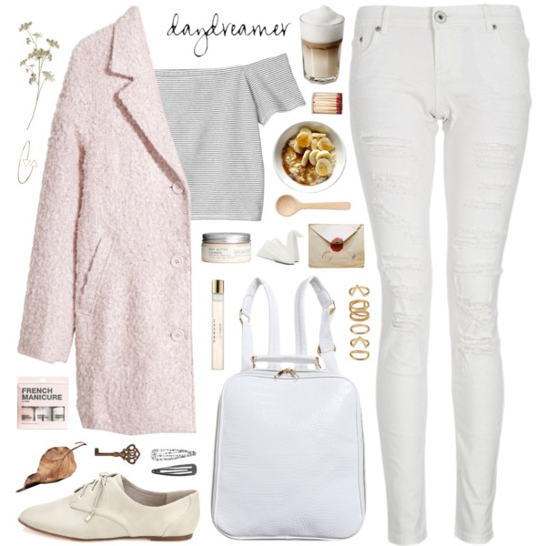 A fashion look from December 2014 featuring striped shirt, H&amp;amp;M and white jeans. Browse and shop related looks.