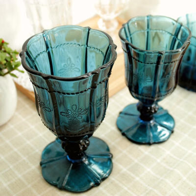 唯自然Zakka 蓝色中国结浮雕高脚杯创意玻璃杯香槟杯复古雕花酒杯