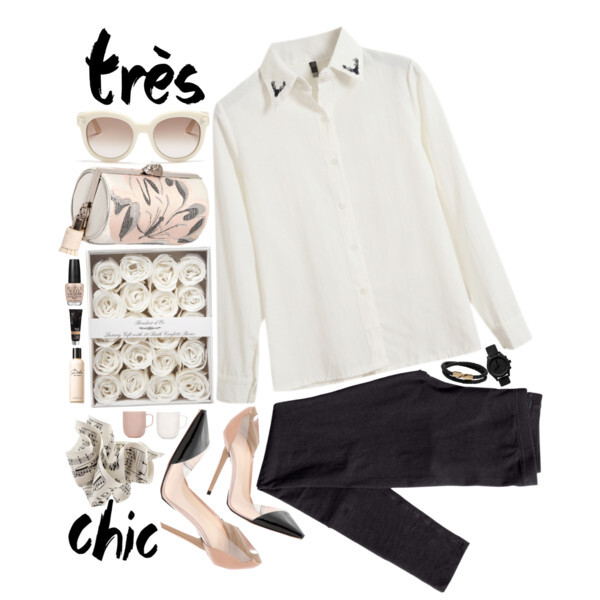 A fashion look from August 2014 featuring long sleeve collared shirt, h&amp;amp;m trousers and nude high heel pumps. Browse and shop related looks.