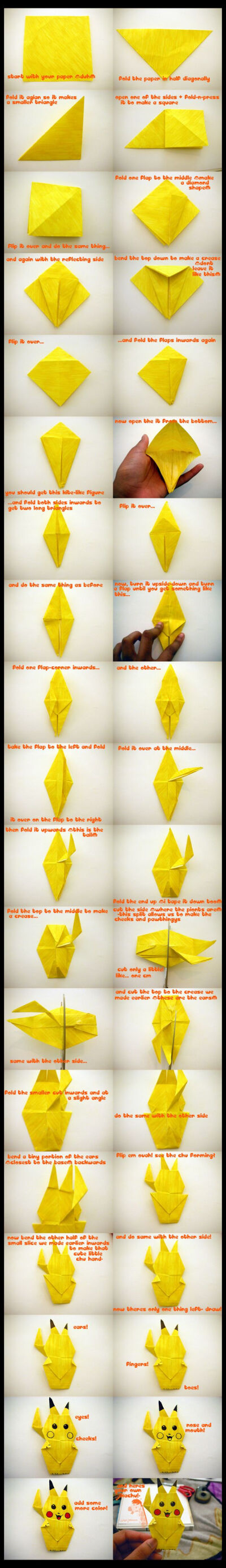 How To Make An Origami Pikachu. These instructions are terrible but I got it done! So cute :)