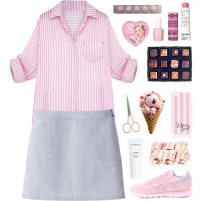 A fashion look from December 2014 featuring shirts &amp;amp; tops, a.p.c skirts and light pink sneakers. Browse and shop related looks.