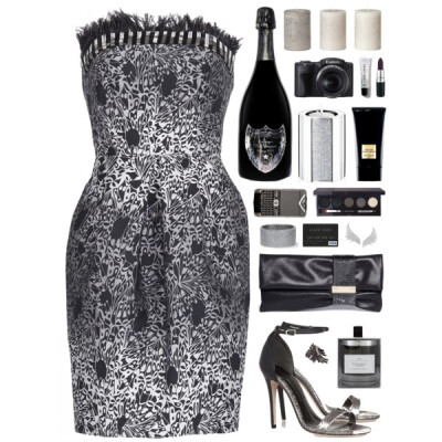 A fashion look from December 2014 featuring beaded lace cocktail dress, leather heel sandals and evening purse. Browse and shop related looks.