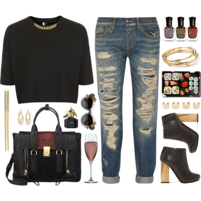 A fashion look from November 2014 featuring crop top, boyfriend jeans and leather boots. Browse and shop related looks.