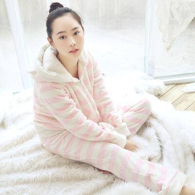 出口日本条纹珊瑚绒睡衣套装 日系兔耳朵可爱家居服 