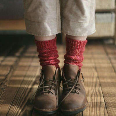 森系复古加厚羊毛混彩点棉纱女中筒袜堆堆袜 冬保暖短靴袜