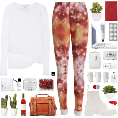 A fashion look from December 2014 featuring white camisole top, red leggings and lace up boots. Browse and shop related looks.