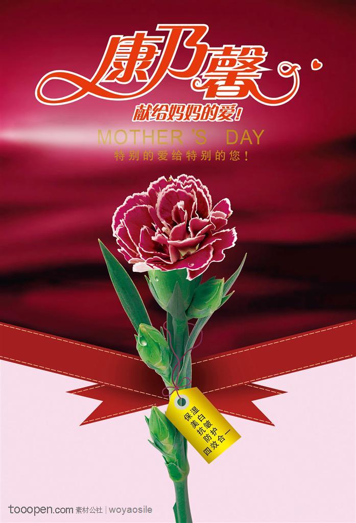 母亲节贺-红色背景上的康乃馨