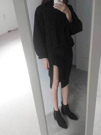 韩国 开叉 弹性 黑色 设计感 包裙 保身裙