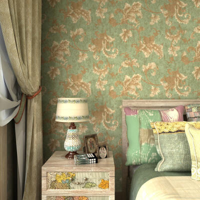 歌诗雅美式乡村田园墙纸 客厅卧室欧式复古绿色莨苕叶壁纸 65