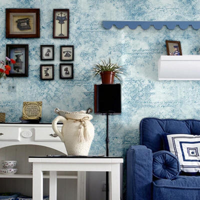歌诗雅地中海墙纸 卧室客厅书房背景墙蓝色字母复古壁纸10
