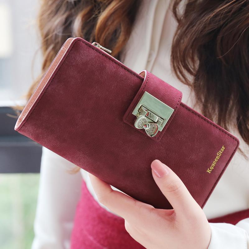 kqueenstar时尚磨砂镶钻蝴蝶结锁扣女士长款钱包皮夹子