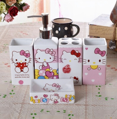 Hello Kitty凯蒂猫卡通可爱陶瓷卫浴五件套 浴室用品陶瓷洗漱用品