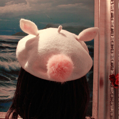 纯手工原创奶糖兔羊毛毡兔耳朵画家帽子