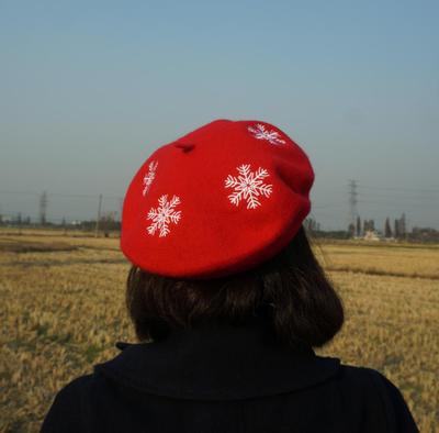 香蕉莲|等下雪|雪花贝雷帽画家帽空姐帽刺绣加厚全羊毛呢小苹果