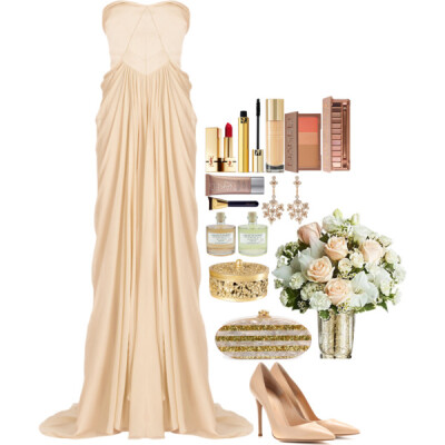 A fashion look from December 2014 featuring chiffon evening gown, nude heel shoes and sparkly purses. Browse and shop related looks.