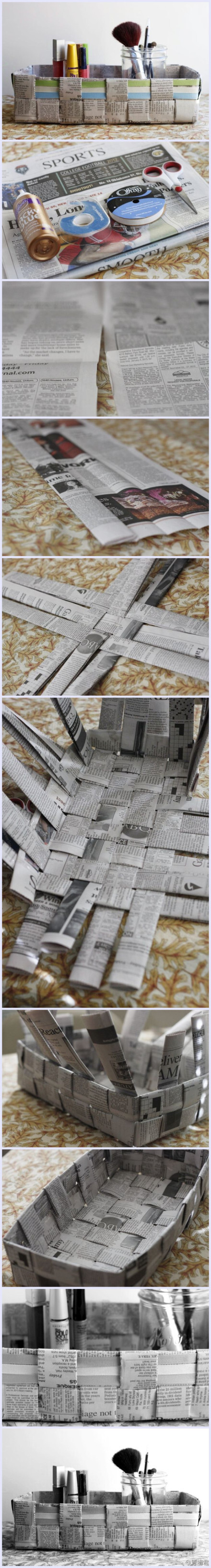 #How to make a woven newspaper basket#by elewis03。报纸收纳筐，不管是卷着编还是折一折，报纸都很好用呢~上学那会儿看电影，首先就得每人叠个报纸盒子丢瓜子皮，哈哈~应应急可棒了。现在也喜欢买各种收纳小件，木的竹的藤的皮的铜的玻璃的…等等不一而足，渐渐找到安置它们的小角落，蛮开心的是伐~