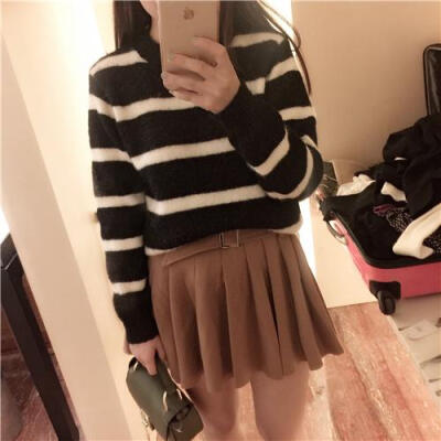 VIVISHOP 秋冬圆领彩条针织棉女款毛衣