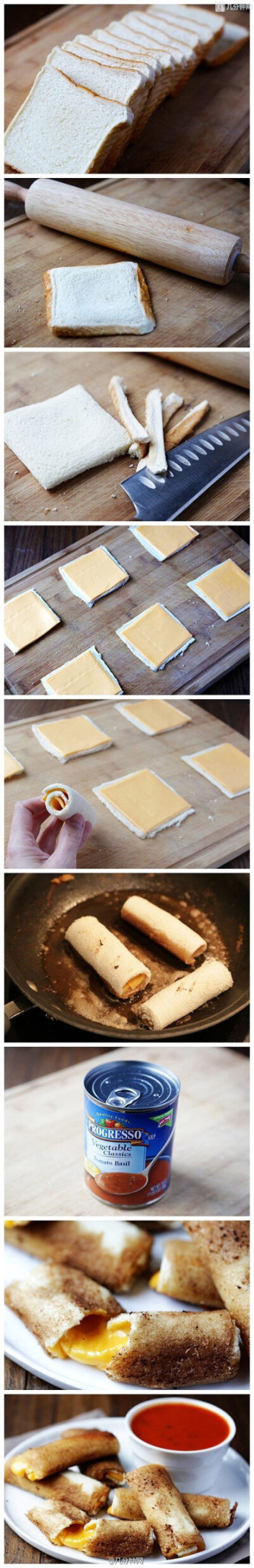 奶酪土司卷：土司用擀面杖擀薄，切掉硬边，加一片奶酪卷成卷，放油锅里煎至奶酪融化即可