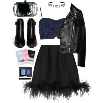 A fashion look from November 2014 featuring navy blue crop top, black jacket and black skirt. Browse and shop related looks.