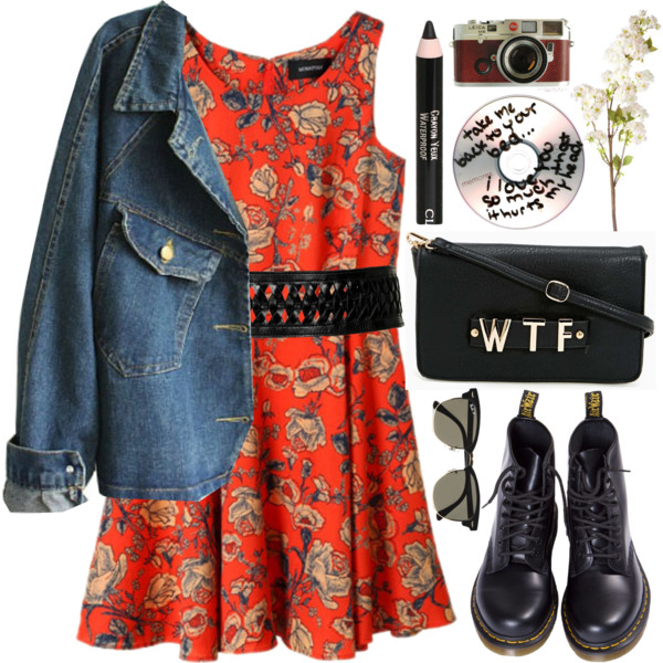 A fashion look from May 2014 featuring red dress, long denim coat and dr martens boots. Browse and shop related looks.