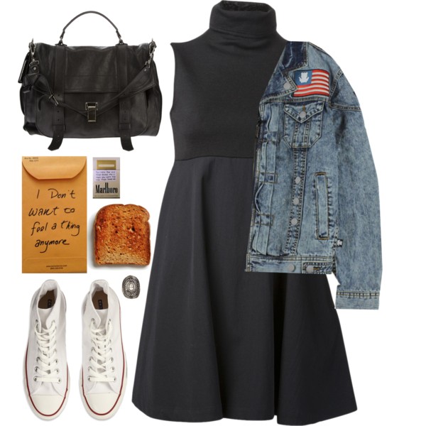 A fashion look from April 2014 featuring turtle neck dress, blue jean jacket and star sneakers. Browse and shop related looks.