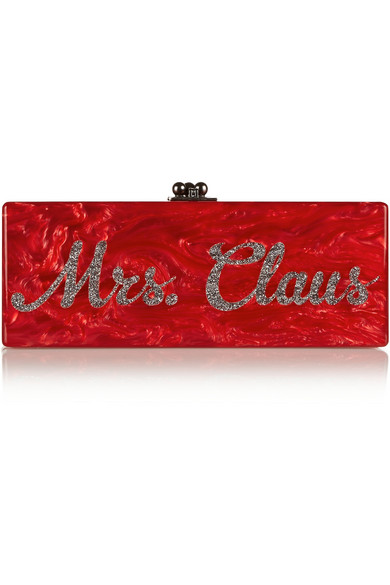 NET-A-PORTER.COM 独家发售。Edie Parker 这款 “Flavia Mrs. Claus” 手拿包是完美的假日配饰之选。它选用珠光红色压克力手工浇注而成，并在正面用银色亮片金葱镶嵌出字母图案。其内部采用镜面设计，不妨用它收纳你的晚间随身物品。