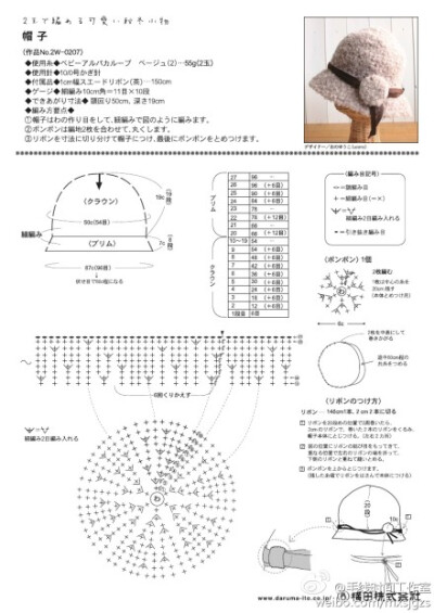 #钩针 帽子 图解# 软绵绵的线配上皮绳，好洋气有木有！原版尺寸适合儿童，可以根据自己的需要加减针哦