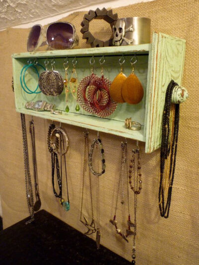 Repurposed jewelry shelf from a drawer. | #Upcycle #Recycle #Repurposed #DIY #EMA