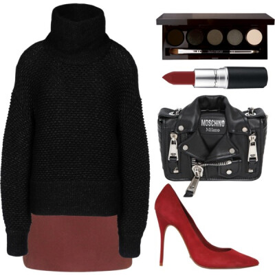 A fashion look from December 2014 featuring black long sleeve top, red mini skirt and pointy toe pumps. Browse and shop related looks.