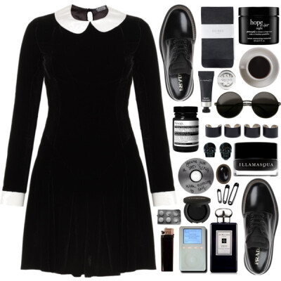 A fashion look from December 2014 featuring black cocktail dresses, sheer black pantyhose and Prada. Browse and shop related looks.