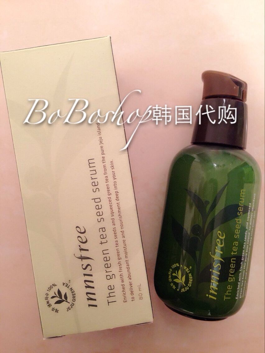 Innisfree/悦诗风吟 绿茶籽精萃补水菁露 精华露80ml 3秒小绿瓶 如滴滴水珠破裂般的水分爽肤乳 如水珠破裂般的手感，柔和清爽易吸收 快速呵护皮肤水分平衡 出色的皮肤镇定效果快速恢复因热量而失衡的水分平衡 济州有机农绿茶田收割的健康绿茶 在清净健康的有机土壤栽培的绿茶成分，将肌肤表面水分也吸收到深层肌肤 含有Eco-cert认证的绿茶complex 含有在清净的济州岛原生的5种济州成分 (绿茶, 油菜, 柑橘, 白莲草, 火山岩畔水)的5种复合能量的Eco-cert认证的生气complex。 使用顺序： 绿茶籽精华 → 水 → 乳液→ 眼